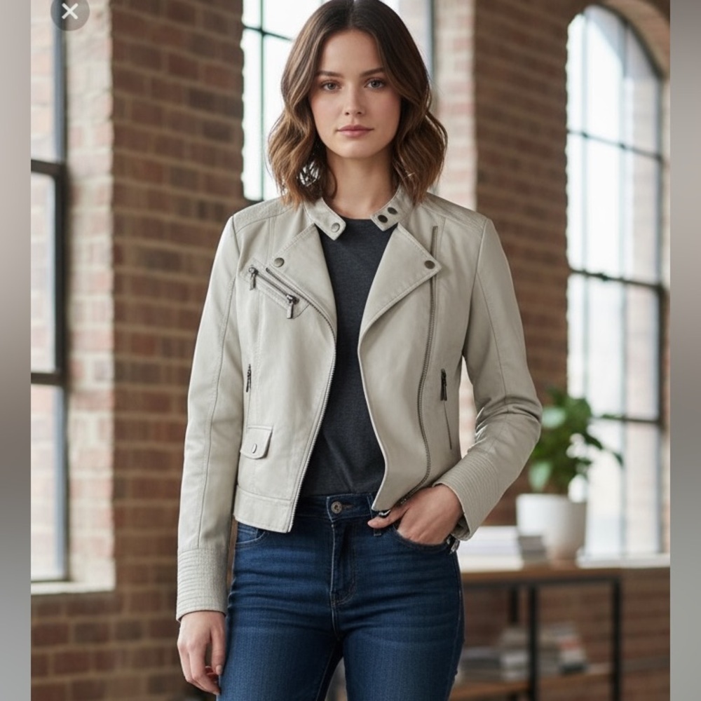 Soft Buttery Faux Biker Cream Lether Jacket Size Small